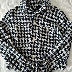 Zara Navy and White Houndstooth Tweed Jacket with Rhinestone buttons size Small